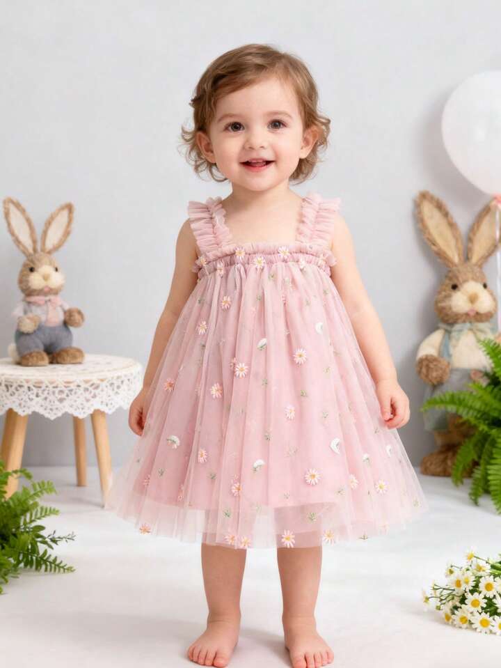 Baby Girls & Girls Elegant Cute Casual Embroidered Mesh Dress, Spaghetti Strap.