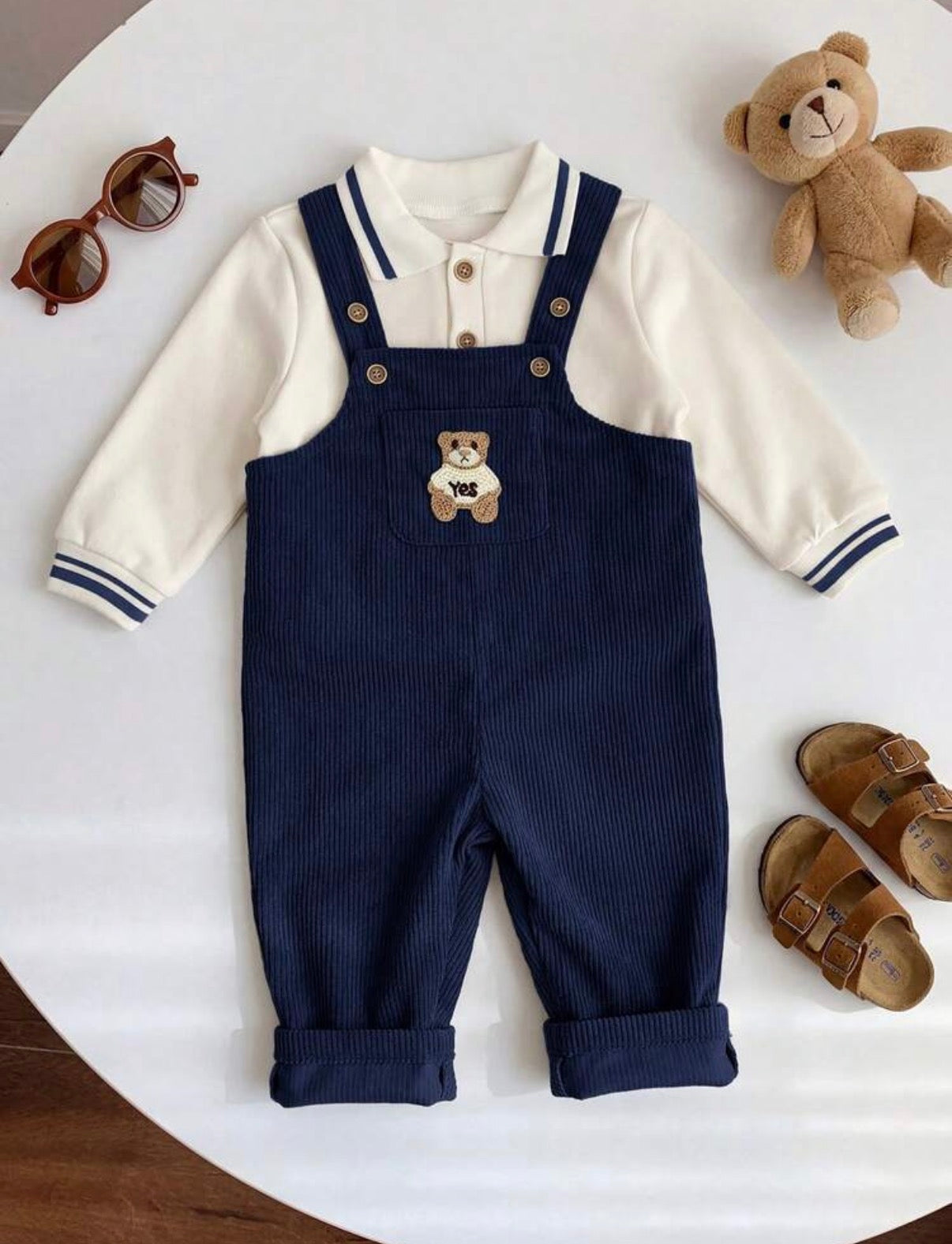 Boy Fall And Winter Clothes Outfit Set, 2pcs/Set Thermal Lined Thickened Sweatshirt And blue Corduroy Plaid Overalls Jumpsuit Set.
