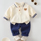 Bear Pattern Contrast Color Polo Collar Long Sleeve Sweatshirt And Pants Set Baby.