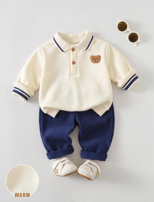 Bear Pattern Contrast Color Polo Collar Long Sleeve Sweatshirt And Pants Set Baby.
