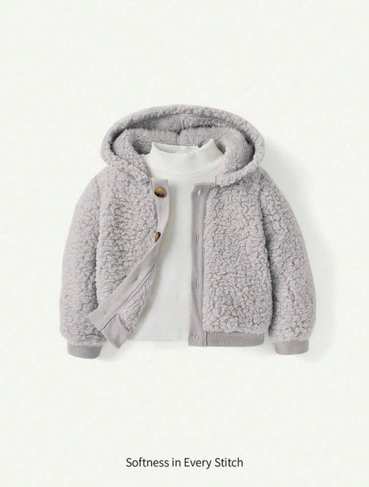 Baby Boy Hooded Thick Padded Coat With Contrast Color Button Front.