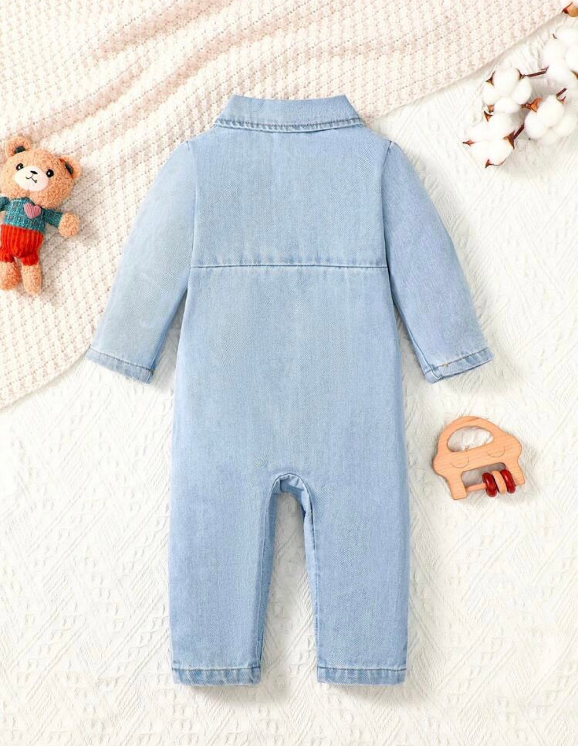 Baby Girl Bear Print Button Front Denim Jumpsuit