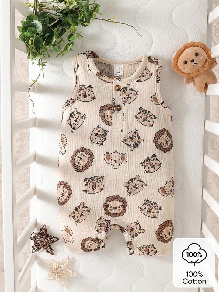 Baby Boy Lion Print Half Button Tank Romper.