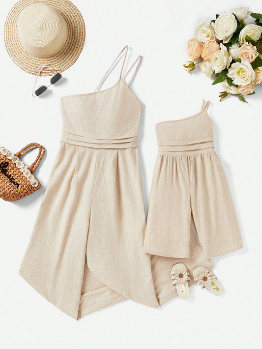 Baby Girls' Simple Solid Color Shirred One-Shoulder Jumpsuit For Summer Vacation