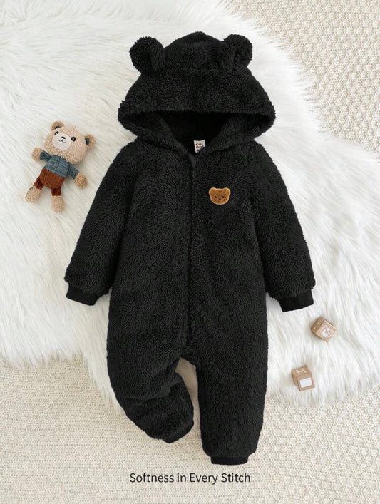 Cartoon Bear Pattern Ear Hooded Thick Jumpsuit.