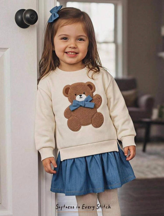 Girl 3D Cartoon Bear Bow Round Neck Sweatshirt Denim-Like 2 In 1 Dress.