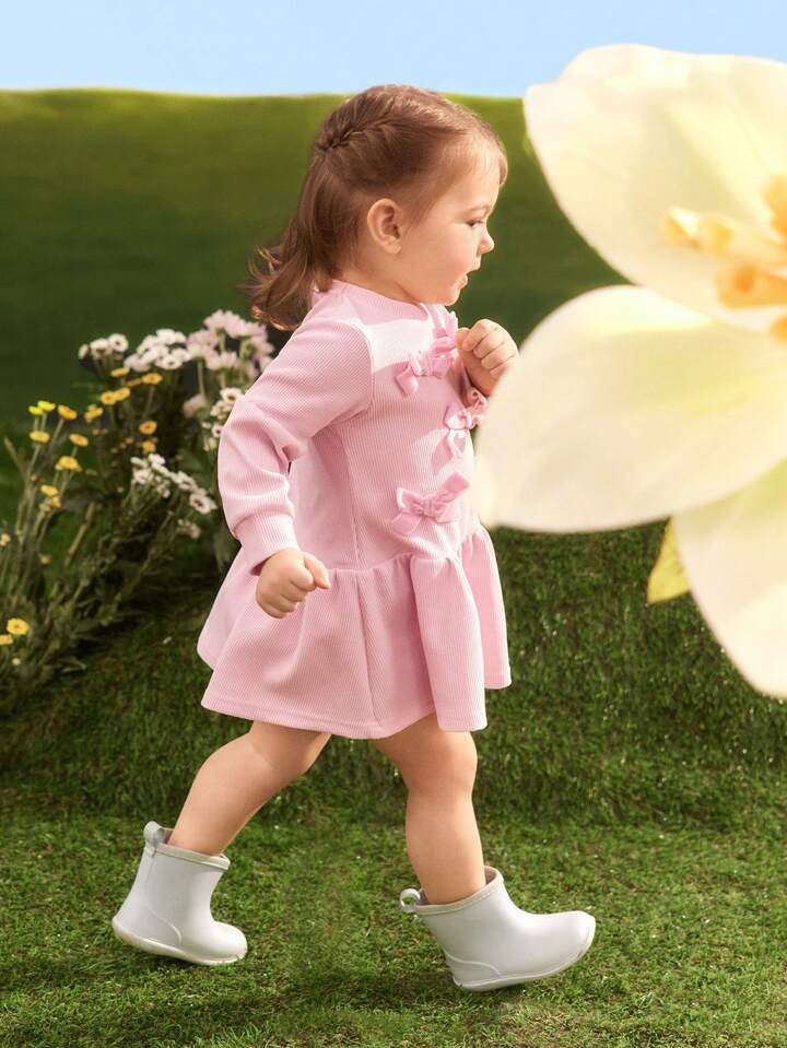Girls' Bowknot Long Sleeve Dress, Autumn
