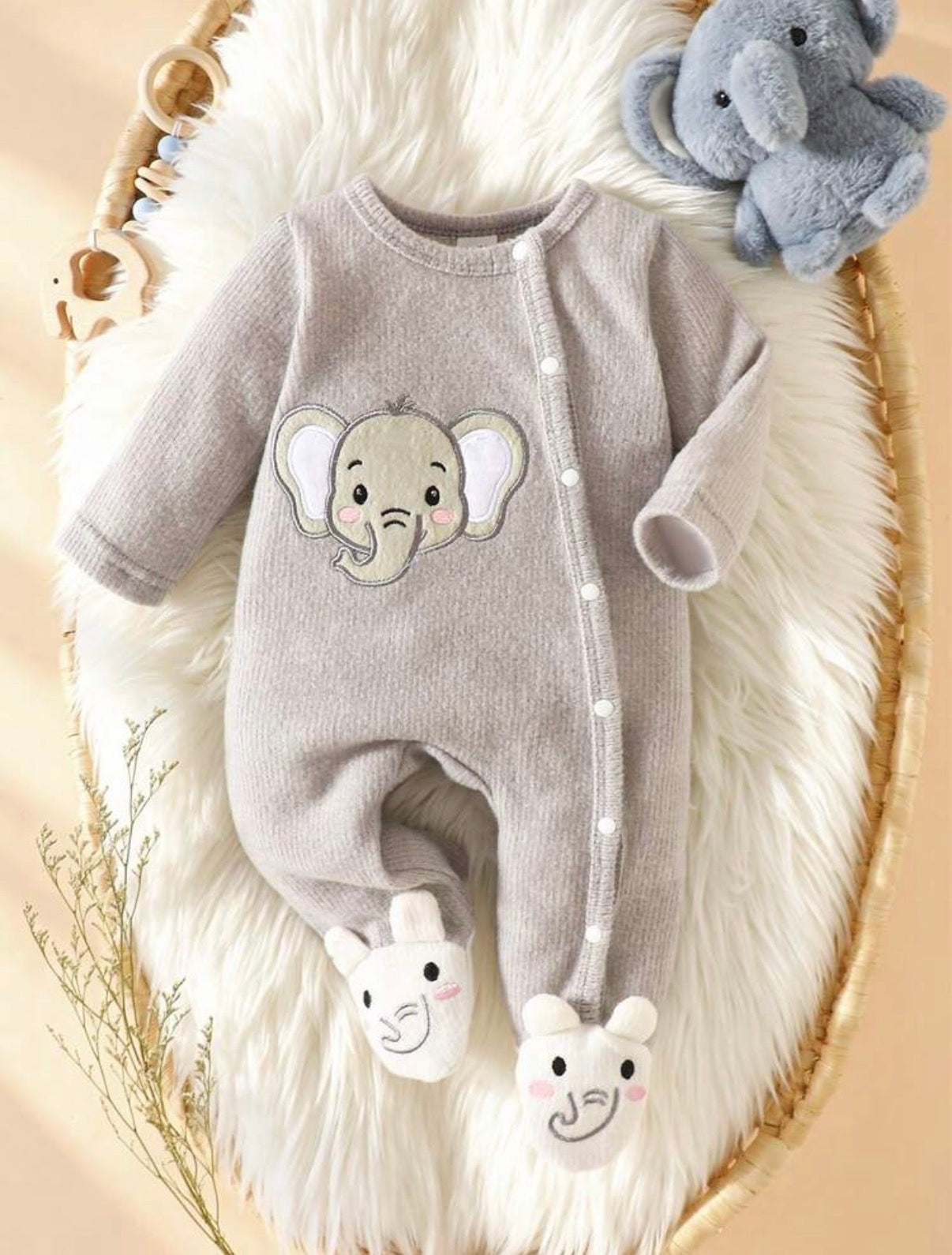 1pc Newborn Baby Footie Romper Elephant Embroidered Ribbed Long Sleeve Round Neck.