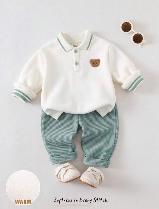 Baby Boy Cartoon Bear Pattern Knitted Soft Crew Neck Long Sleeve Pullover Sweatshirt & Elastic Waist Long Winter Pants 2pcs Set.