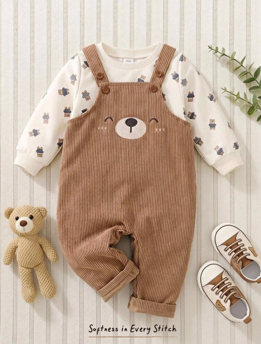 Baby Boy Cartoon Bear Pattern Knitted Soft Round Neck Long Sleeve Pullover Autumn Sweatshirt & Overalls 2-Piece Set