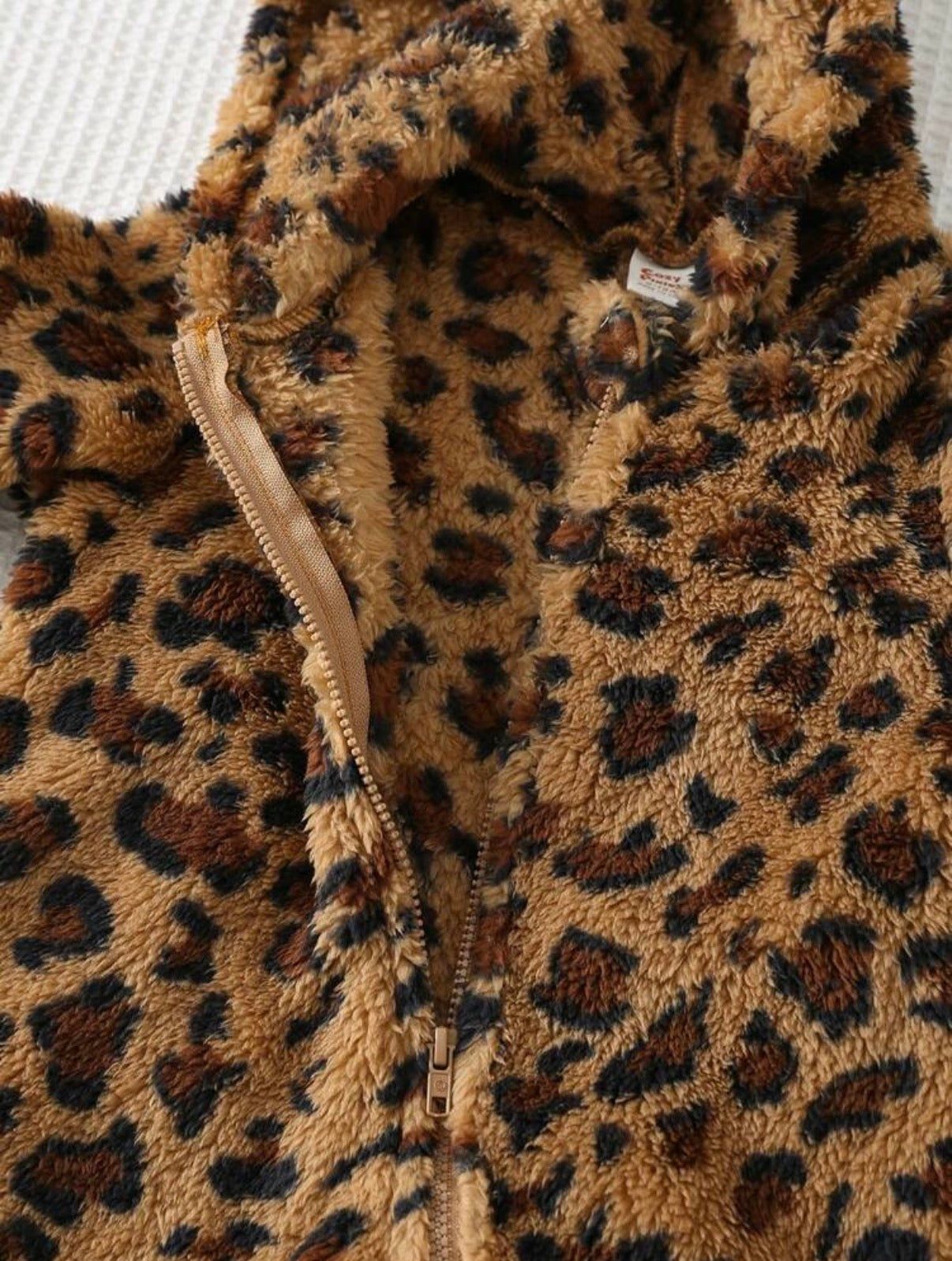 Cartoon Animal Leopard Print Thermal Lined Hooded Zip-Up Long Sleeve Jumpsuit, Suitable For Winter.