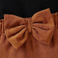 2pc Girl Black Puff Sleeve Top With Mid-High Collar And Bow Decoration Elastic Cuffed Pants Set.