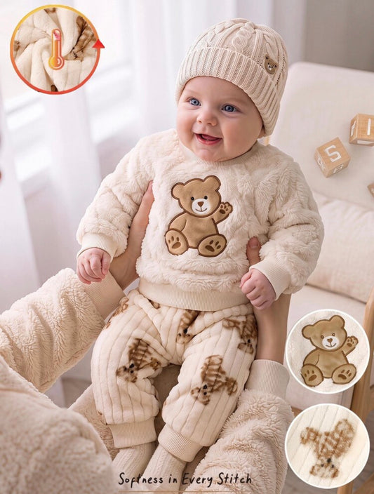 2Pc Baby Pajamas With Shirt Round Neck Bear Embroidery Flannel Loungewear.