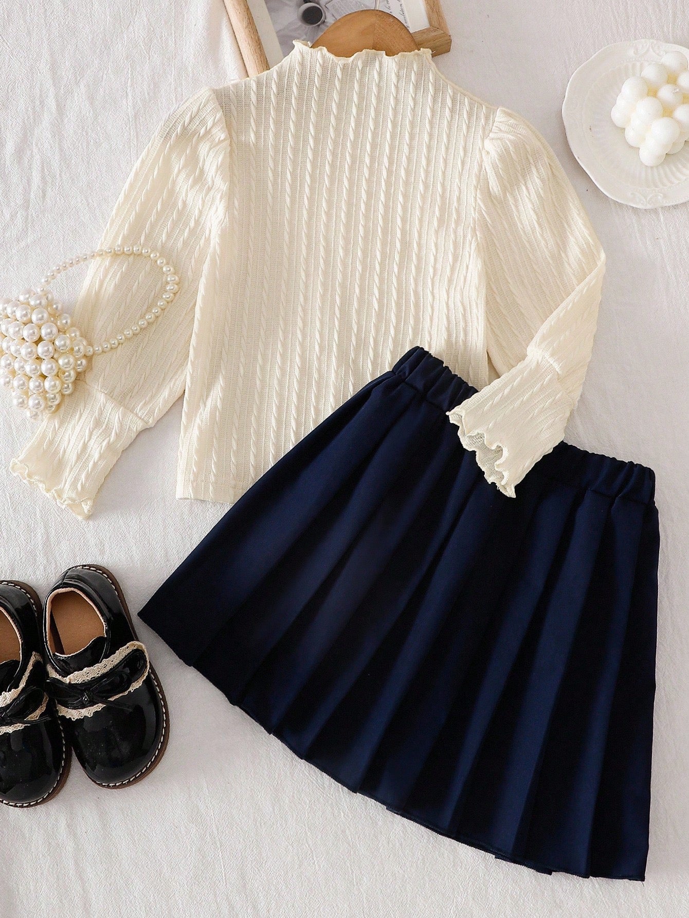 2 Pc Floral Ruffle Gigot Sleeve Top & Pleated Skirt Set.