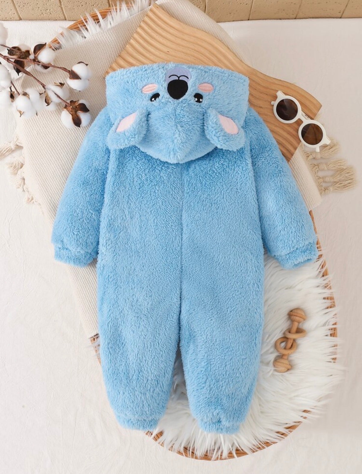 Cute 3D Big Ear Design, Blue Coral Fleece Hooded Long Sleeve Winter Romper.(Delivery By 15th October)
