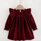 Round Neck Ruffle Hem Cinched Waist Long Sleeve Dress Burgundy.   (Delivery By Oct 10)