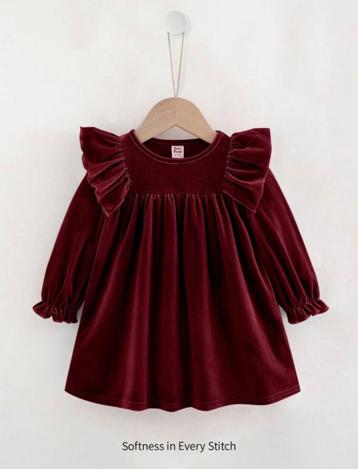 Round Neck Ruffle Hem Cinched Waist Long Sleeve Dress Burgundy.   (Delivery By Oct 10)