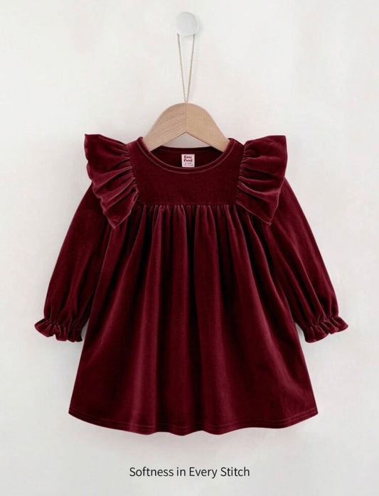 Round Neck Ruffle Hem Cinched Waist Long Sleeve Dress Burgundy.   (Delivery By Oct 10)