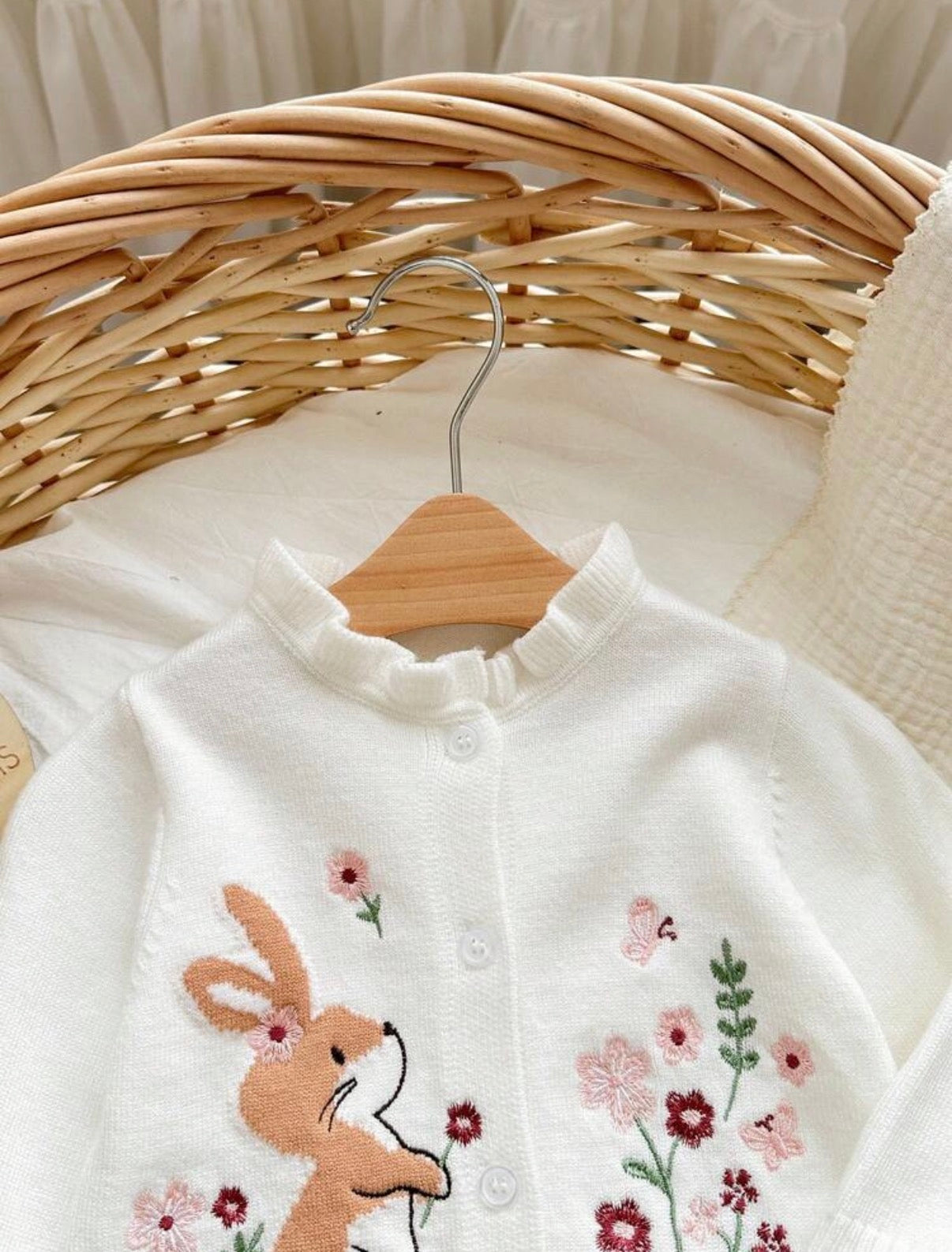 Girl Floral Cartoon Rabbit Embroidery Ruffle Trim Long Sleeve Single-Breasted Knit Cardigan, In Fall/Winter.