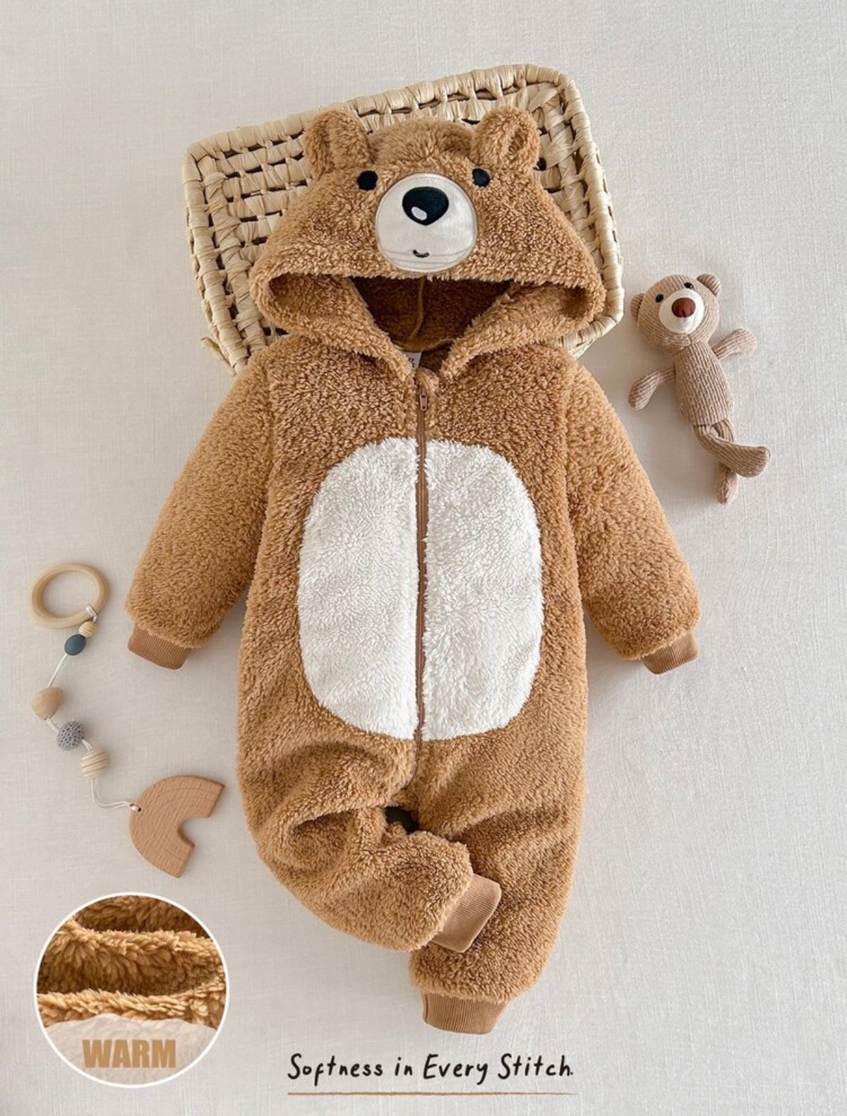 Cartoon Bear Long Sleeve Plush Romper, Suitable For Autumn/Winter.