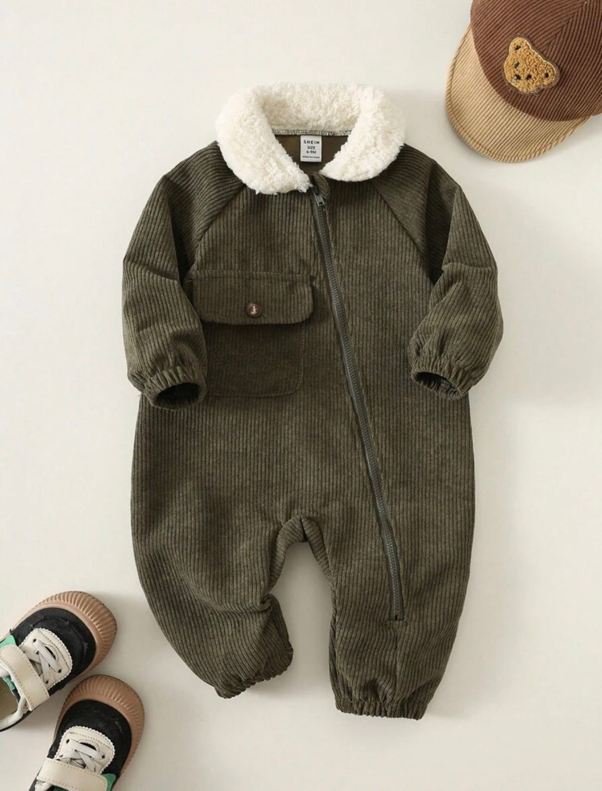 Baby Boy/Girl Green Corduroy Thermal Lined Hooded, Autumn Jumpsuit.