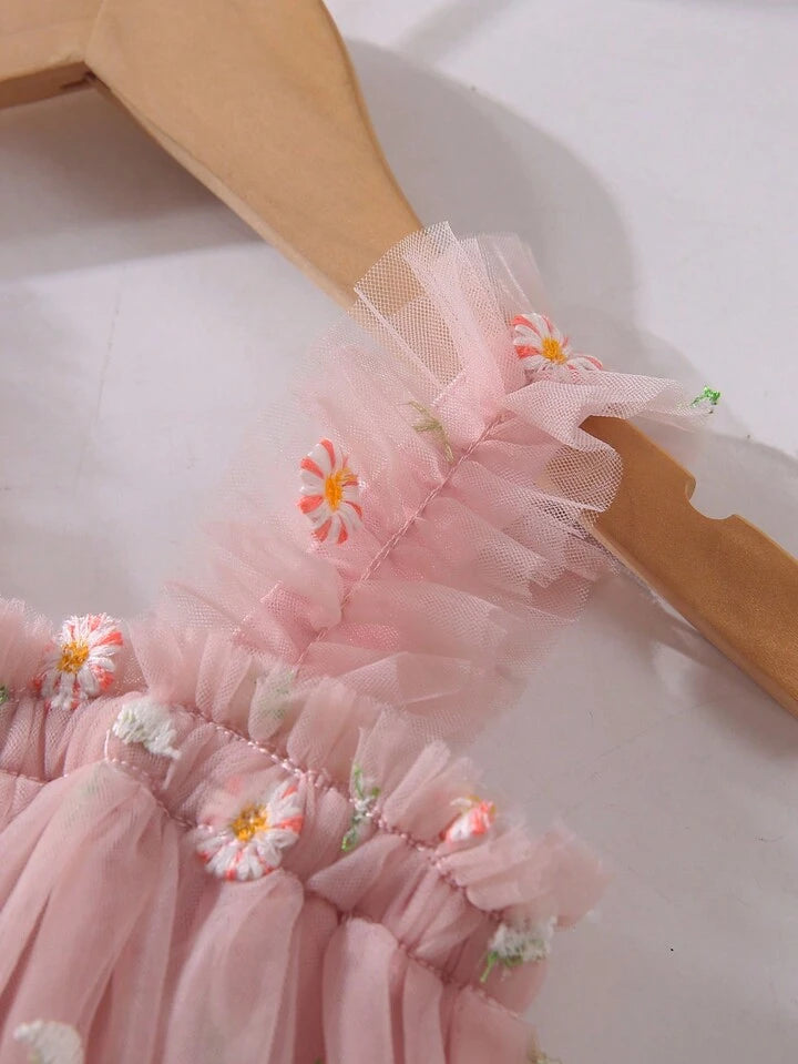 Baby Girls & Girls Elegant Cute Casual Embroidered Mesh Dress, Spaghetti Strap.