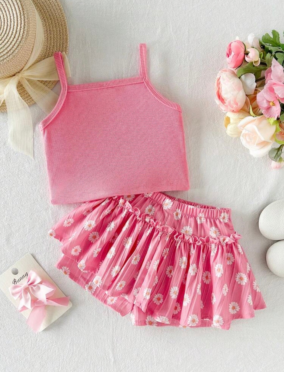 Girl Summer Squish Cute Daisy Print Loose Outfit.