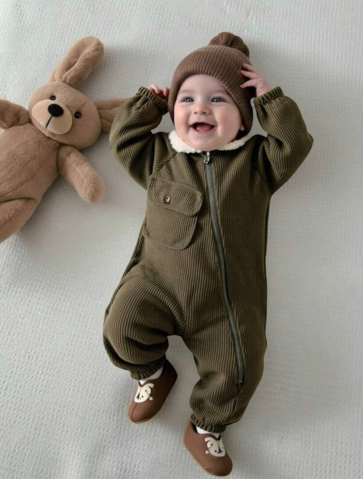 Baby Boy/Girl Green Corduroy Thermal Lined Hooded, Autumn Jumpsuit.