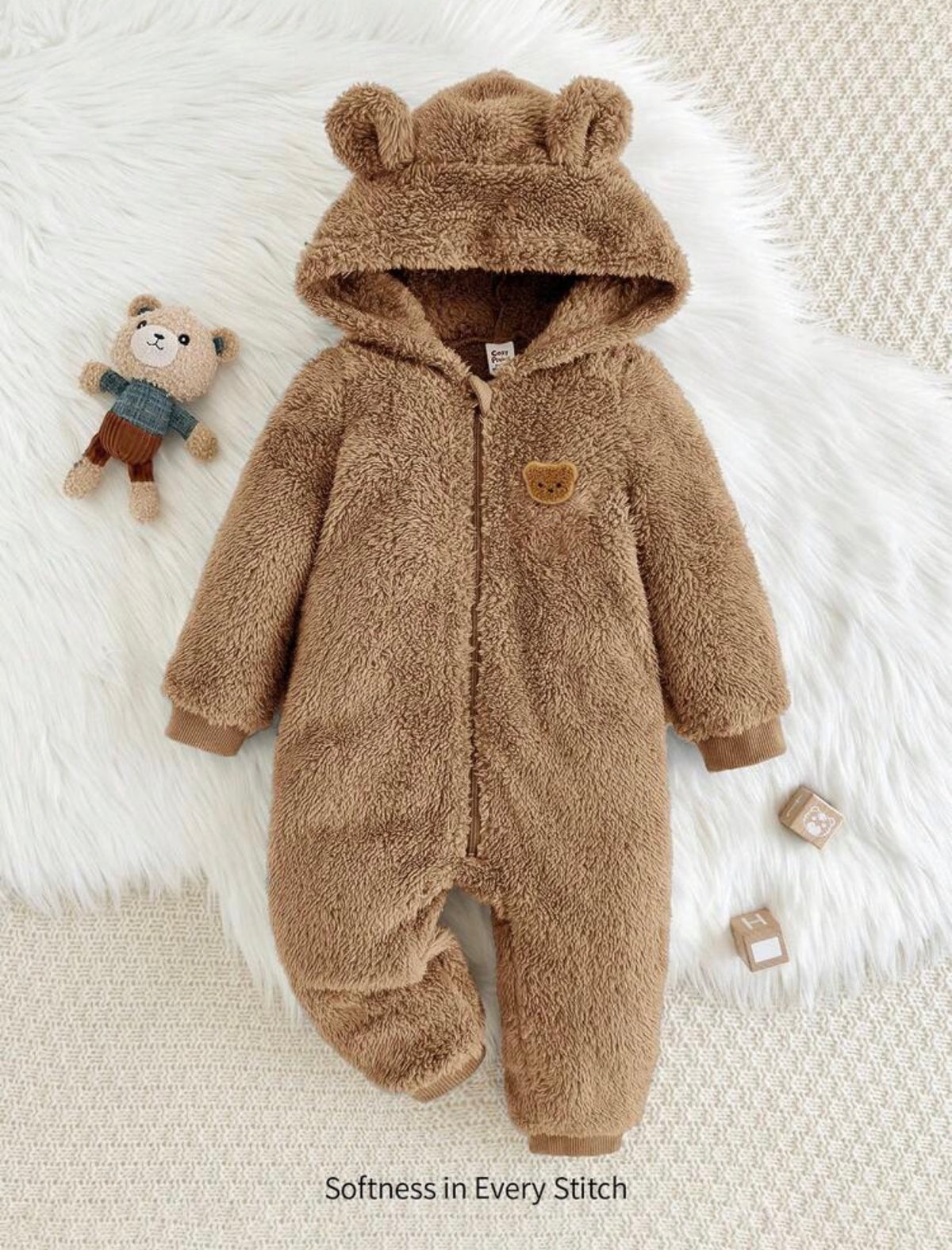 Cartoon Bear Pattern Ear Hooded Thick Jumpsuit. (Delivery By 14th October)