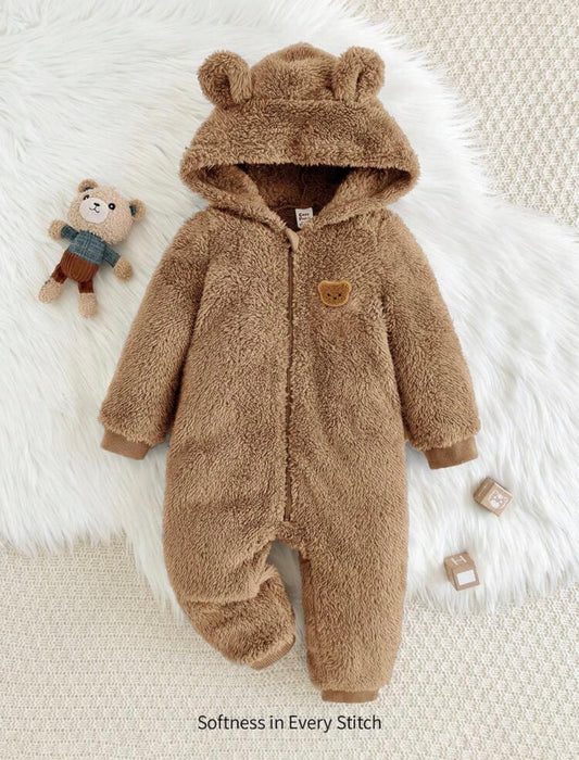 Cartoon Bear Pattern Ear Hooded Thick Jumpsuit. (Delivery By 14th October)