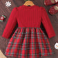 Girls Sweet Red Plaid Bow Ribbed Tartan Long Sleeve Round Neck Regular Winter Dress.