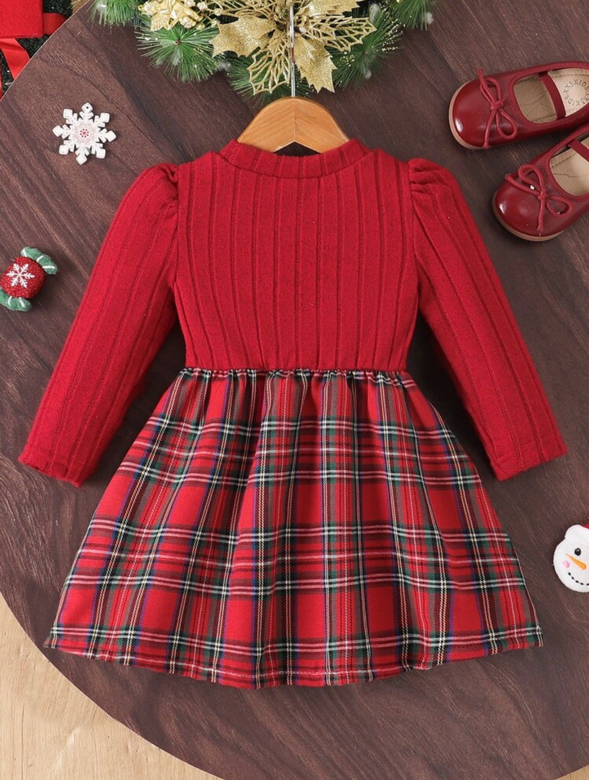 Girls Sweet Red Plaid Bow Ribbed Tartan Long Sleeve Round Neck Regular Winter Dress.