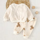 2Pc Baby Pajamas With Shirt Round Neck Bear Embroidery Flannel Loungewear.