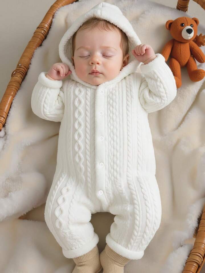 White Textured Fabric Plush Hooded Jumpsuit.