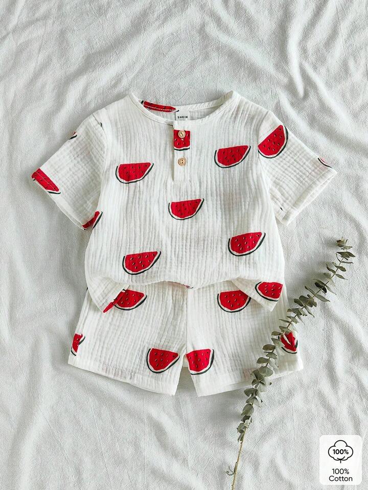 Vintaside Kids 2pcs/Set Baby Boy Cute Watermelon Print Short Sleeve Tee And Shorts Set