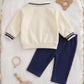 Bear Pattern Contrast Color Polo Collar Long Sleeve Sweatshirt And Pants Set Baby.