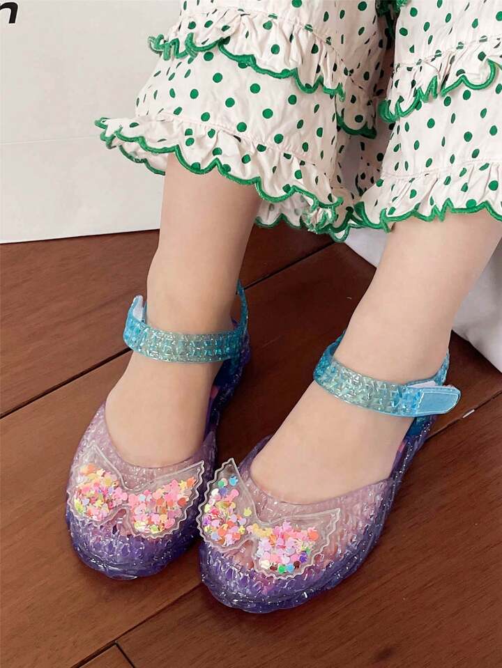 Jelly Crystal Sandals For Girls, Closed Toe Summer Kids Sandals With Sequin Wing Accessories.