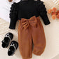 2pc Girl Black Puff Sleeve Top With Mid-High Collar And Bow Decoration Elastic Cuffed Pants Set.