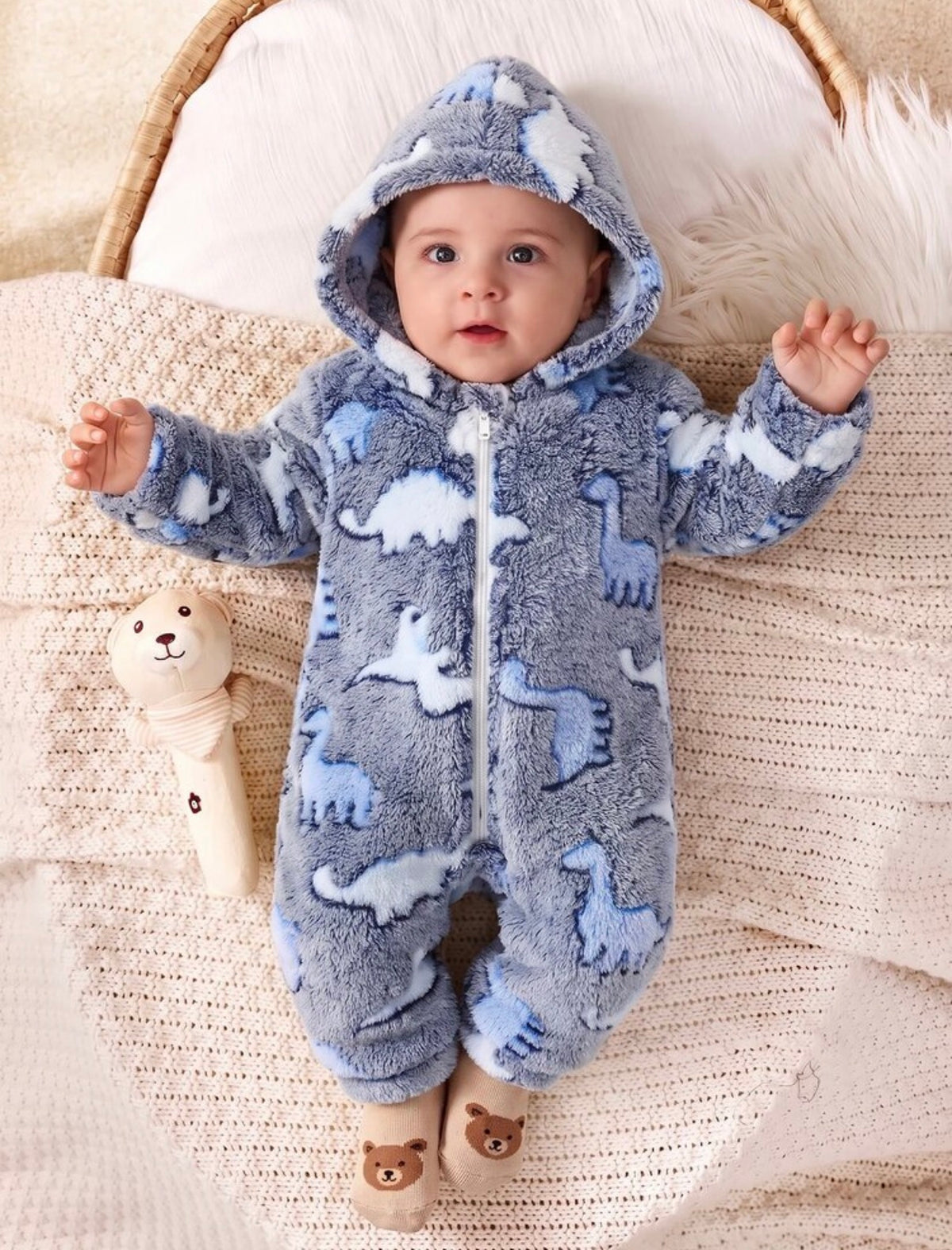 Dinosaur Print Zip Up Hooded Flannel Pajama Autumn Winter Jumpsuit.