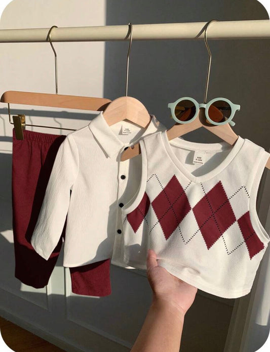 3pcs Baby Boy Casual
Argyle Vest,White Shirt and Pants Autumn,Casual
(Delivery by 20th August)