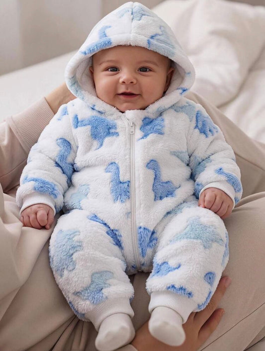 Baby Boy Dinosaur Print Hooded  Winter Jumpsuit