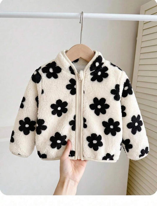 Baby Girl Versatile Casual Fluffy Floral Pattern Stand Collar Jacket.