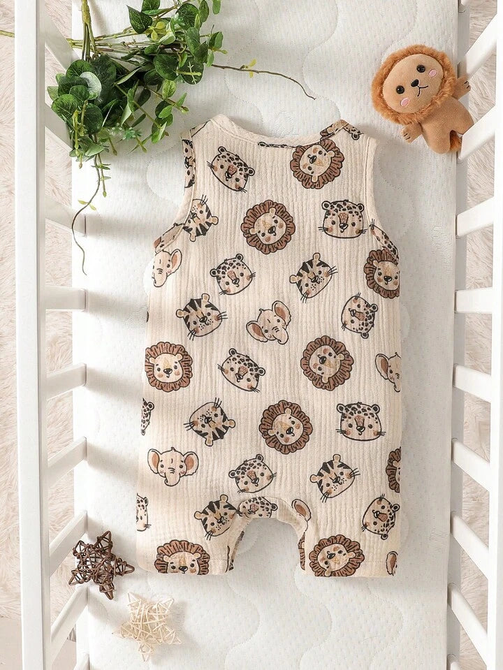 Baby Boy Lion Print Half Button Tank Romper.