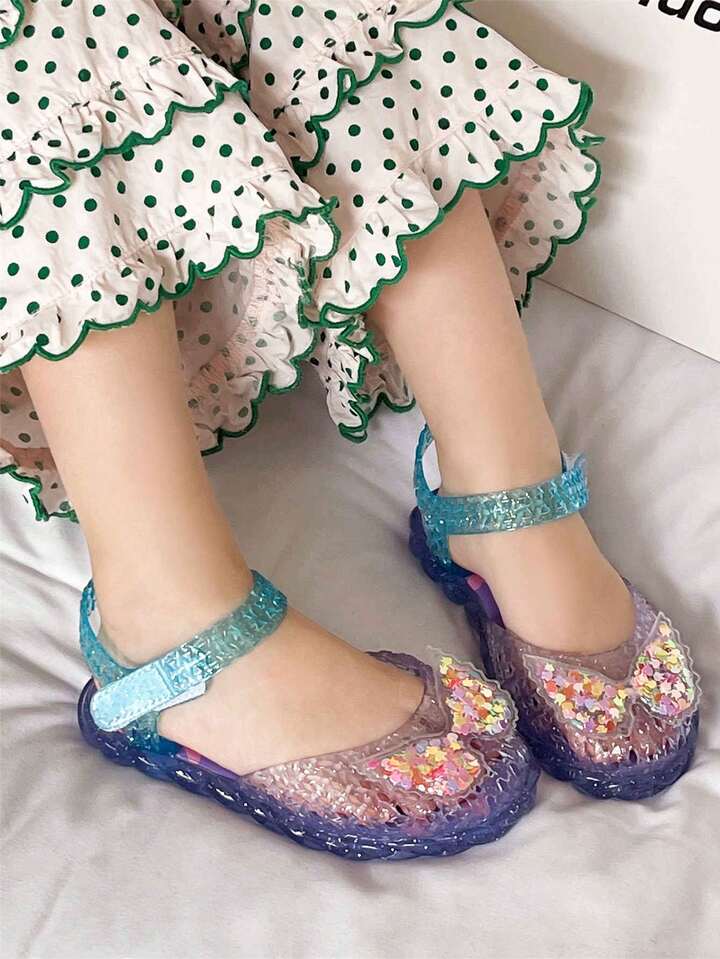 Jelly Crystal Sandals For Girls, Closed Toe Summer Kids Sandals With Sequin Wing Accessories.