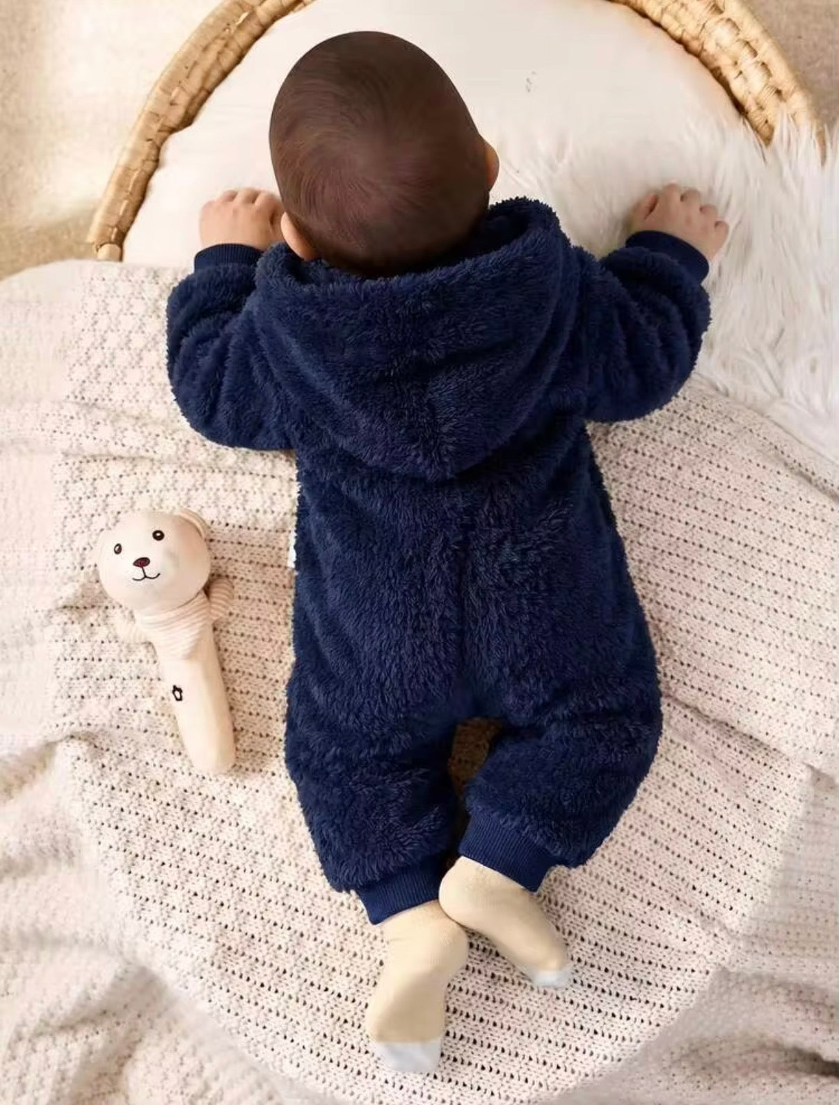 Baby Girl/Boy Cartoon Bear Pattern Thermal Lined Thick Hooded Long Sleeve Autumn Winter Jumpsuit