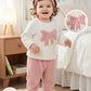 2pcs Baby Girl Casual Comfortable Pink & White Bow Decor Crew Neck Long Sleeve Sweatshirt And Elastic Waist Pants Set.