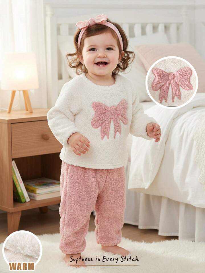 2pcs Baby Girl Casual Comfortable Pink & White Bow Decor Crew Neck Long Sleeve Sweatshirt And Elastic Waist Pants Set.