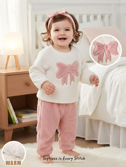 2pcs Baby Girl Casual Comfortable Pink & White Bow Decor Crew Neck Long Sleeve Sweatshirt And Elastic Waist Pants Set.