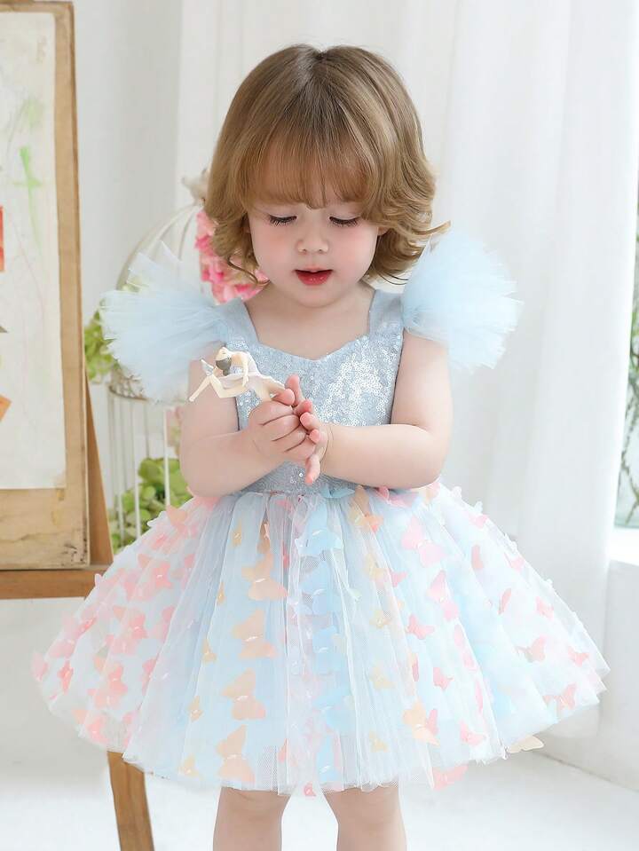 Baby Girls Flutter Sleeve Sequin 3D Bow Elegant Party Dress.
