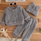 Kids 3pcs/Set Baby Boys & Girls Grey Autumn Cute Modest Family Matching Plush Bear Jacquard Fleece Crew Neck Sweatshirt, Fleece Sweatpants & Plush Ear Hat.( Delivery by 10th October)